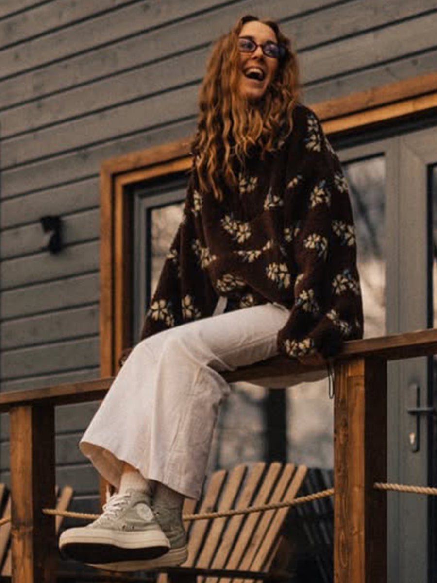 Cozy Floral Print Sherpa Pullover