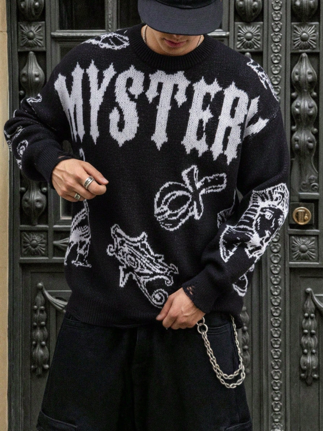 Oversized Graphic Distressed Knit Sweater