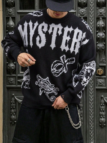 Oversized Graphic Distressed Knit Sweater