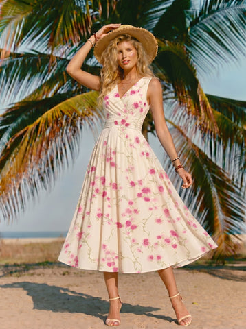 CORINNE
Floral Print V Neck A Line Midi Dress
