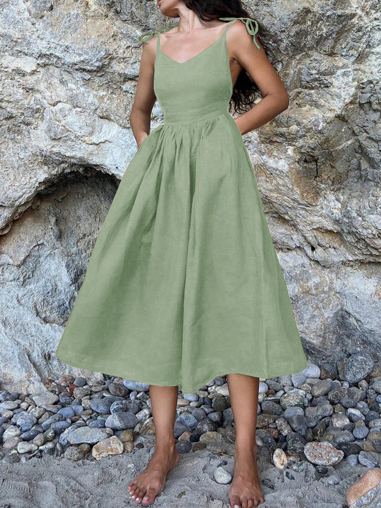 Tie Strap Linen Midi Dress