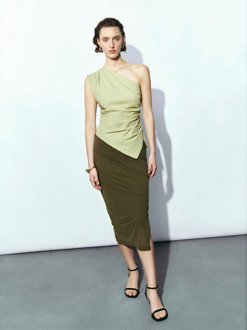 Urban Revivo Ruched Midi Straight Skirt-Grass Green