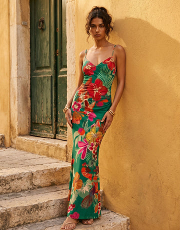 KIRA Floral Print Spaghetti Strap Bodycon Maxi Dress
