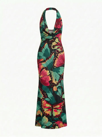 LILA Floral Print Cowl Neck Bodycon Midi Dress
