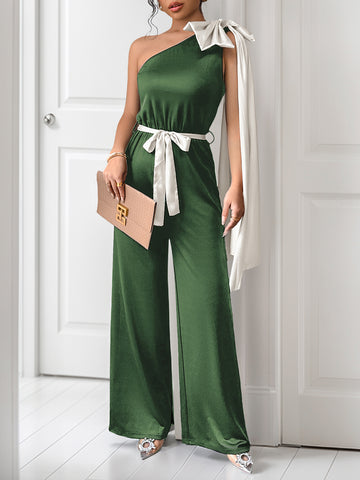 One-Shoulder Bow-Detail Cinched-Waist Evening Jumpsuit