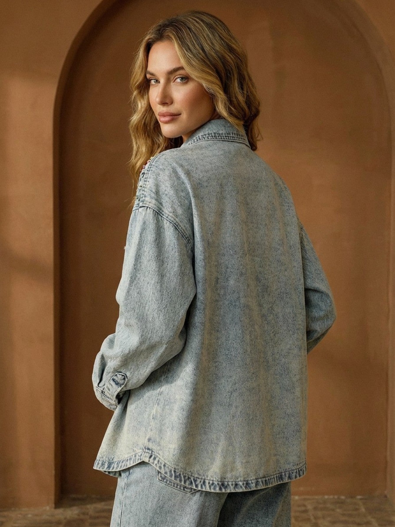 Embellished Oversized Light Wash Denim Shirt