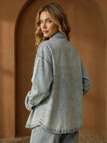 Embellished Oversized Light Wash Denim Shirt