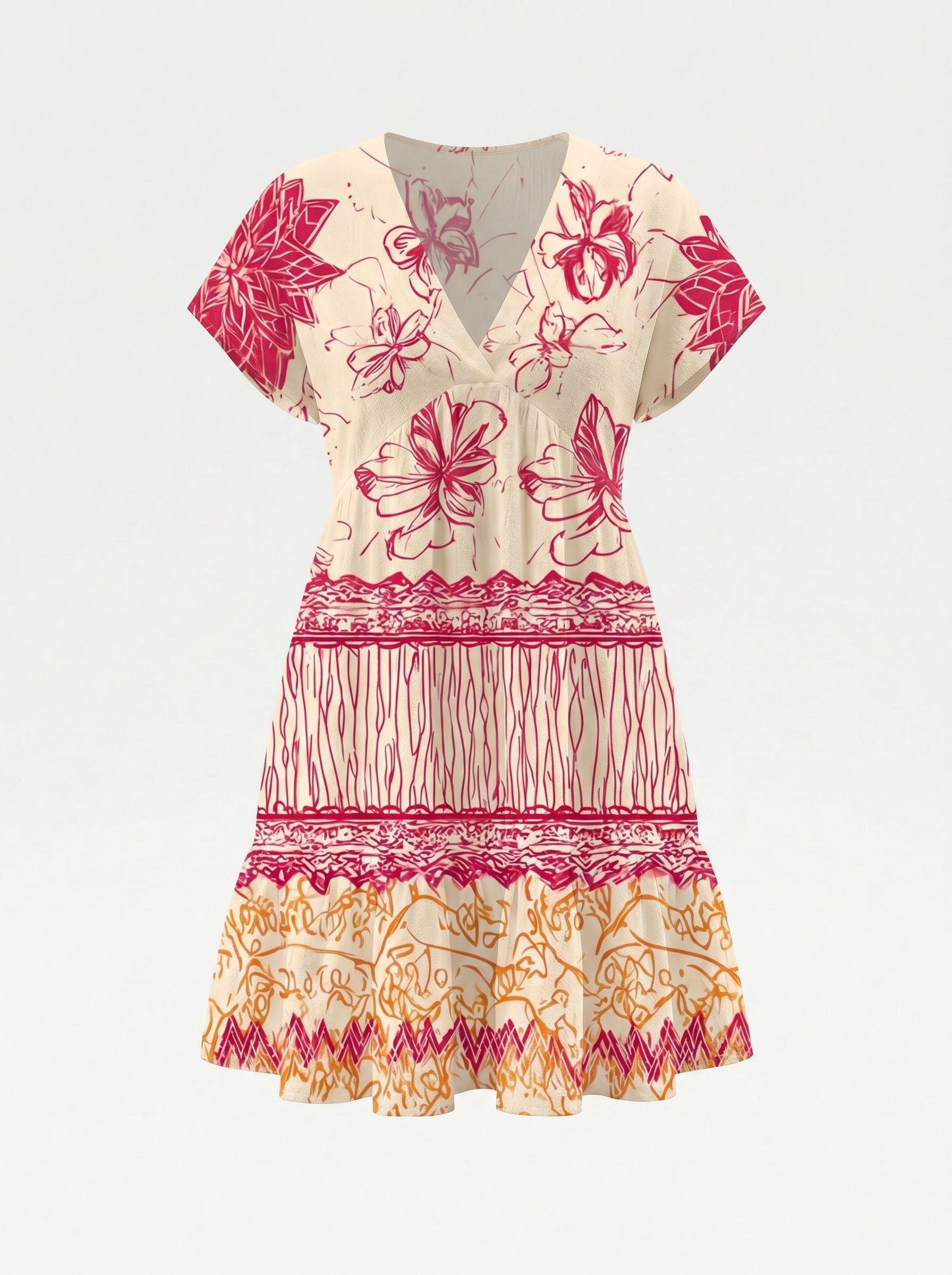 Floral Print V Neck Tiered Babydoll Mini Dress