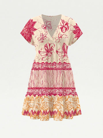Floral Print V Neck Tiered Babydoll Mini Dress