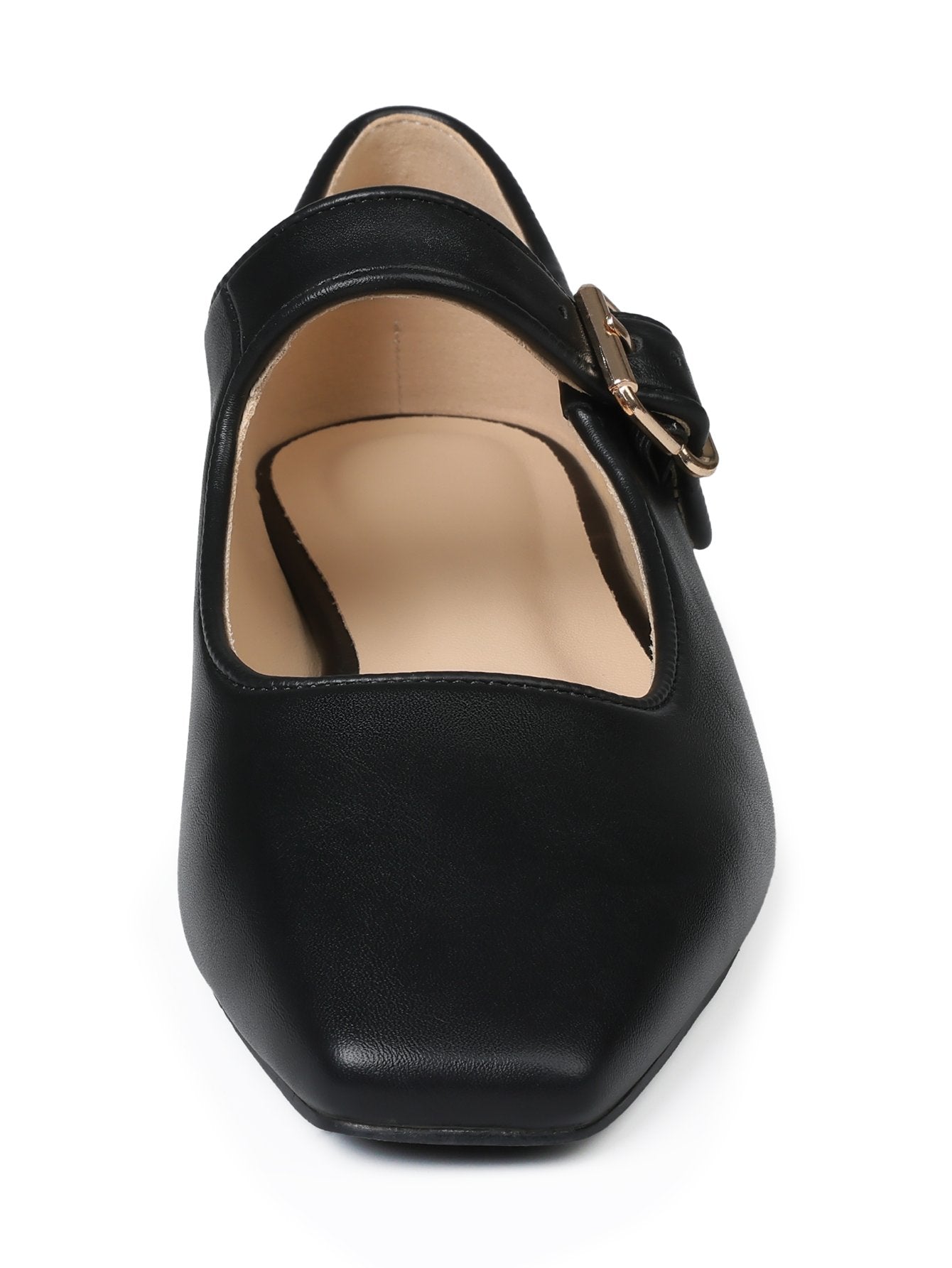 Square-Toe Buckle-Strap Classic Flats-Black