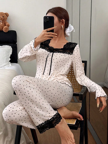 Lace Trim Polka Dot Pajama Set