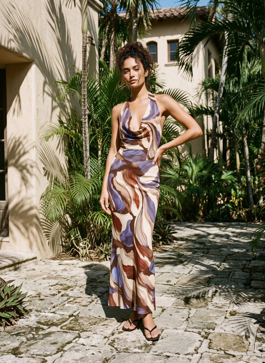 LILA Floral Print Cowl Neck Bodycon Midi Dress