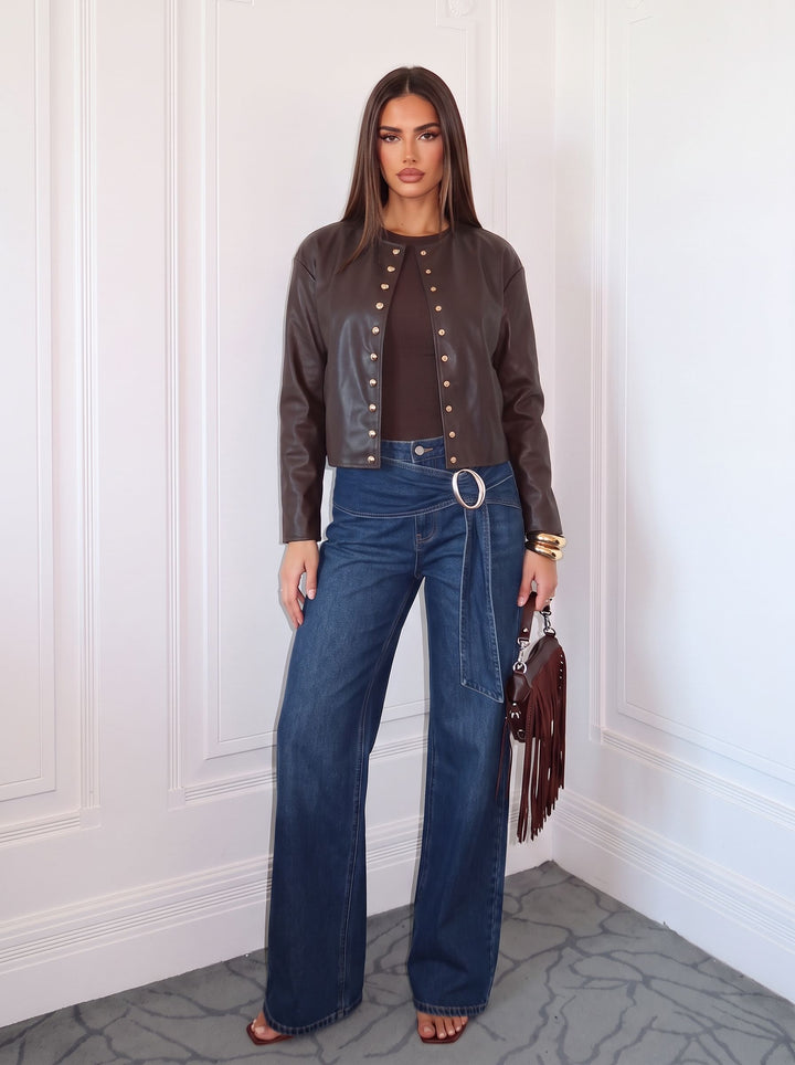 Gold Studded Brown Faux Leather Jacket