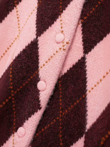 Cropped Argyle Pattern Knit Cardigan