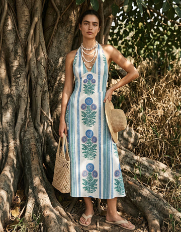 AURELIA Floral Print Halter Neck Tie Back Midi Dress