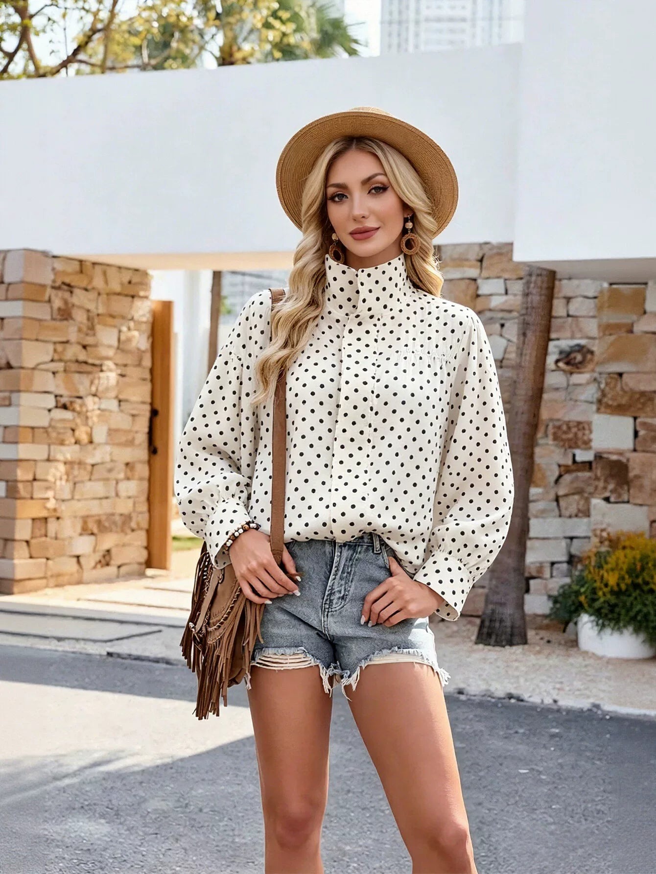 Polka Dot Stand Collar Jacket
