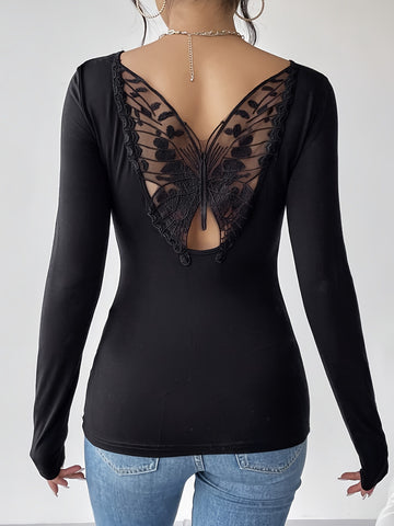 Butterfly Lace Back Long Sleeve Top
