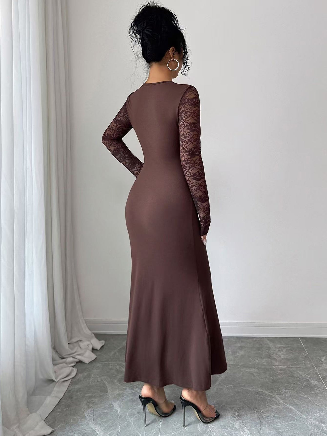 Long Sleeve Lace Panel Formal Bodycon Dress