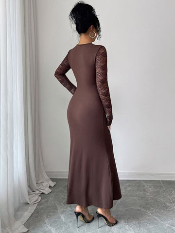 Long Sleeve Lace Panel Formal Bodycon Dress