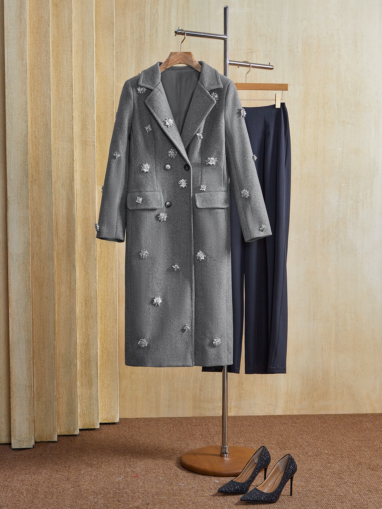 Embellished Double Breasted Wool Coat