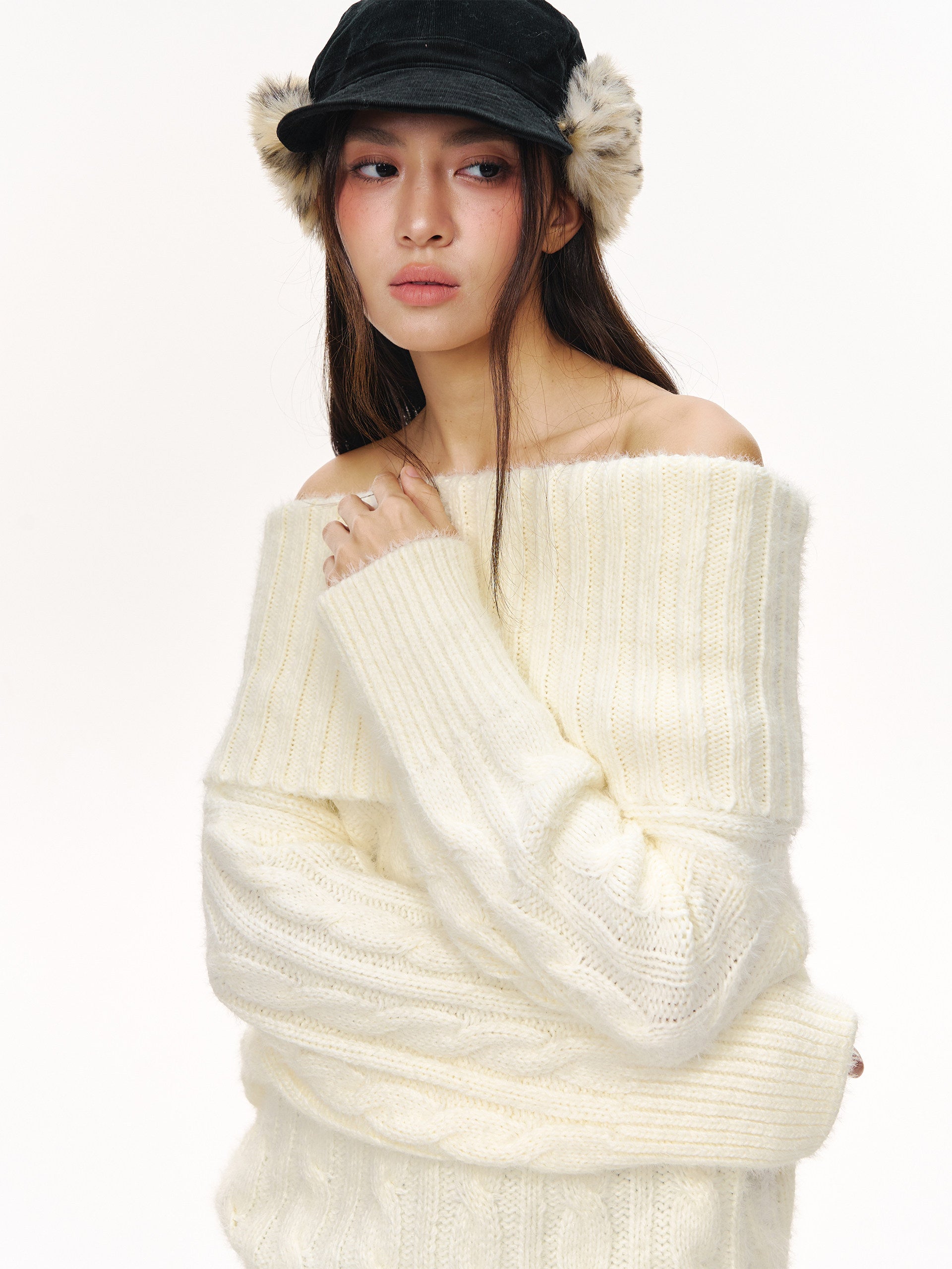Cozy Off Shoulder Cable Knit Sweater