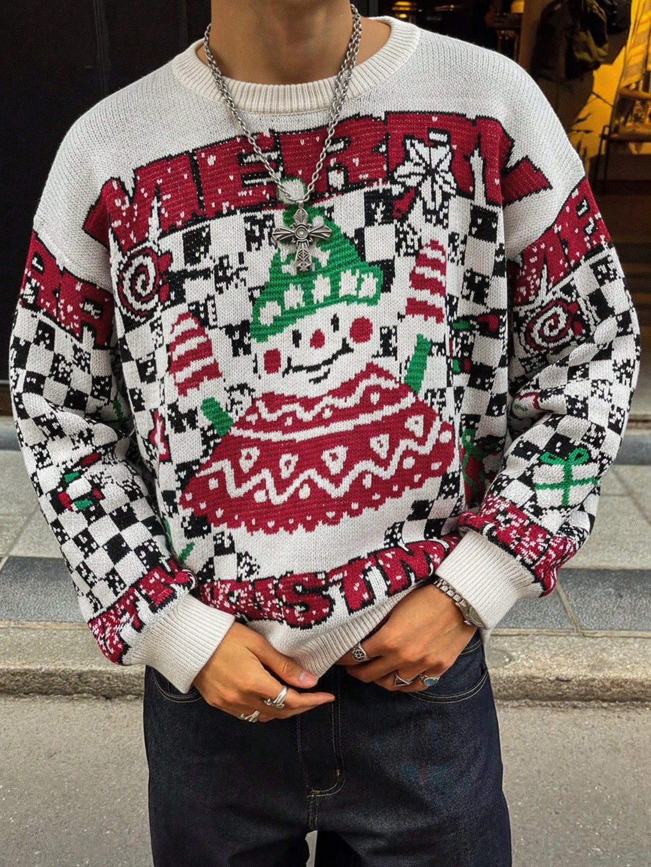 Oversized Graphic Snowman Christmas Sweater