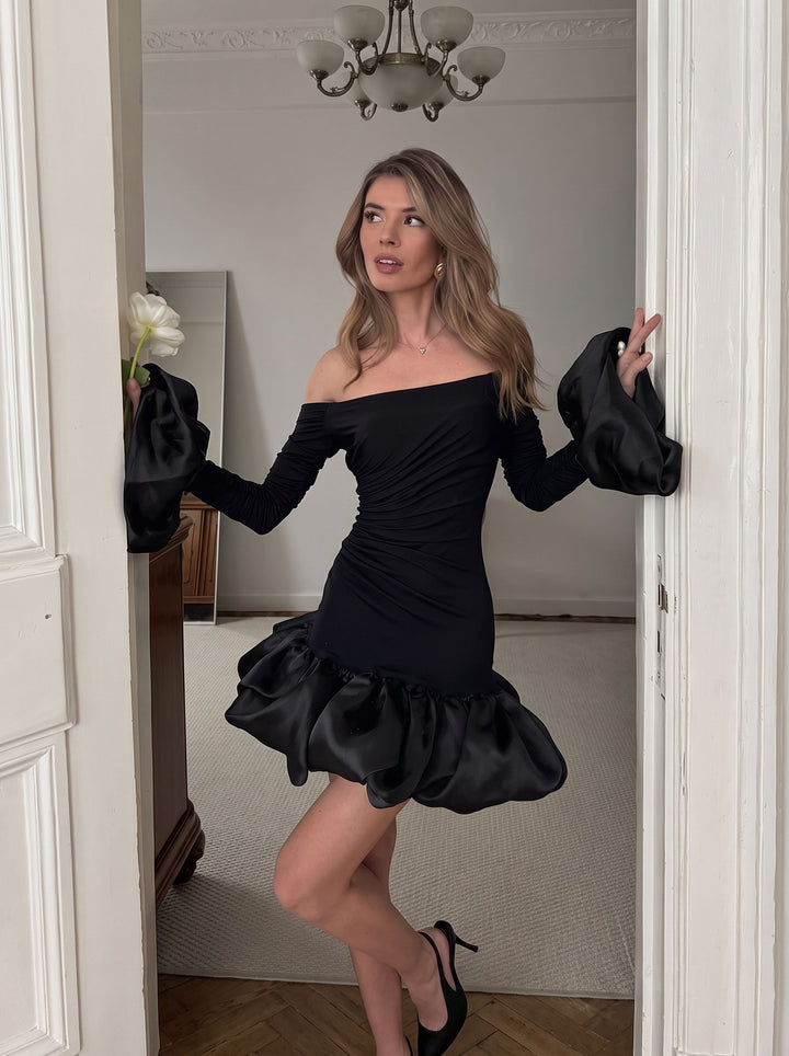 Off Shoulder Ruffled Hem Mini Dress