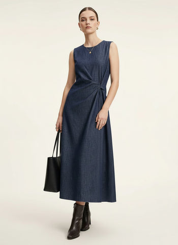 Urban Revivo Knot Front Sleeveless Denim Midi Dresses-Indigo