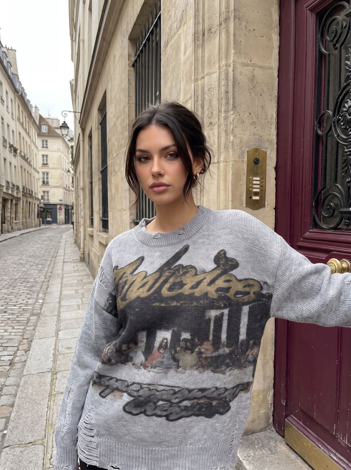 Distressed Graphic Print Oversized Sweater
