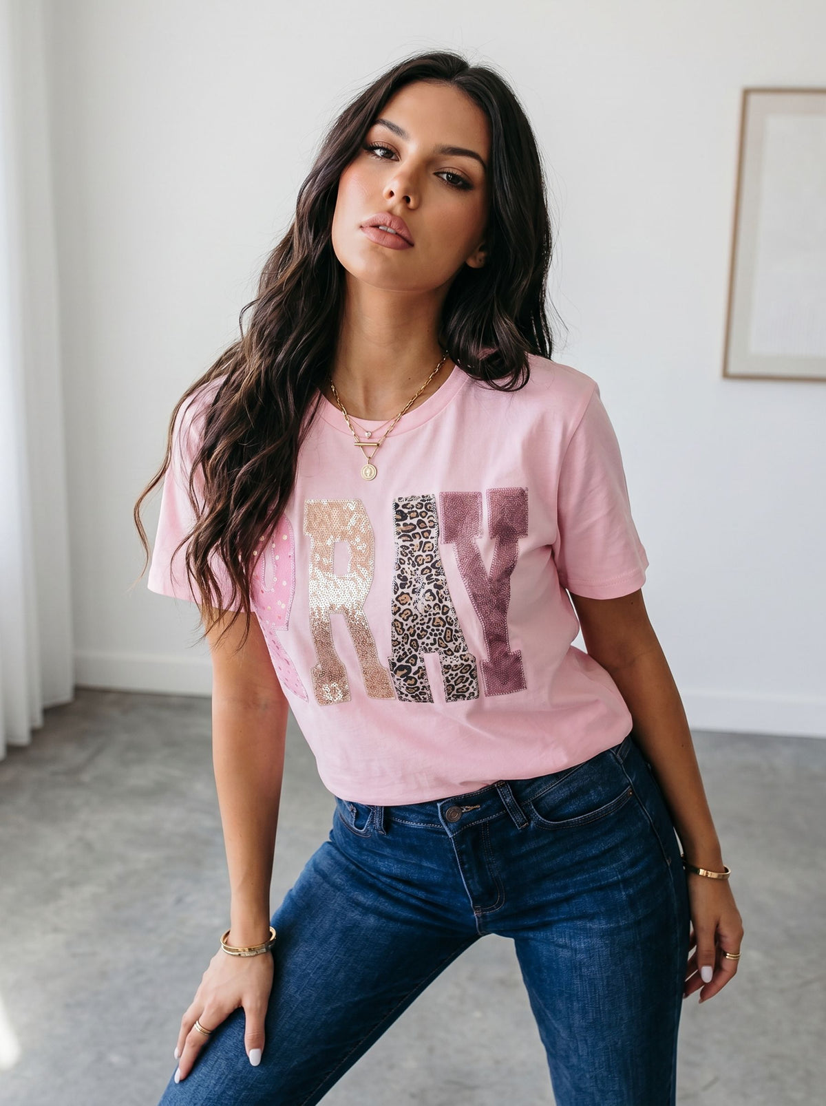 Sequin Leopard Print Pray T-Shirt
