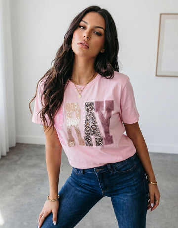 Sequin Leopard Print Pray T-Shirt