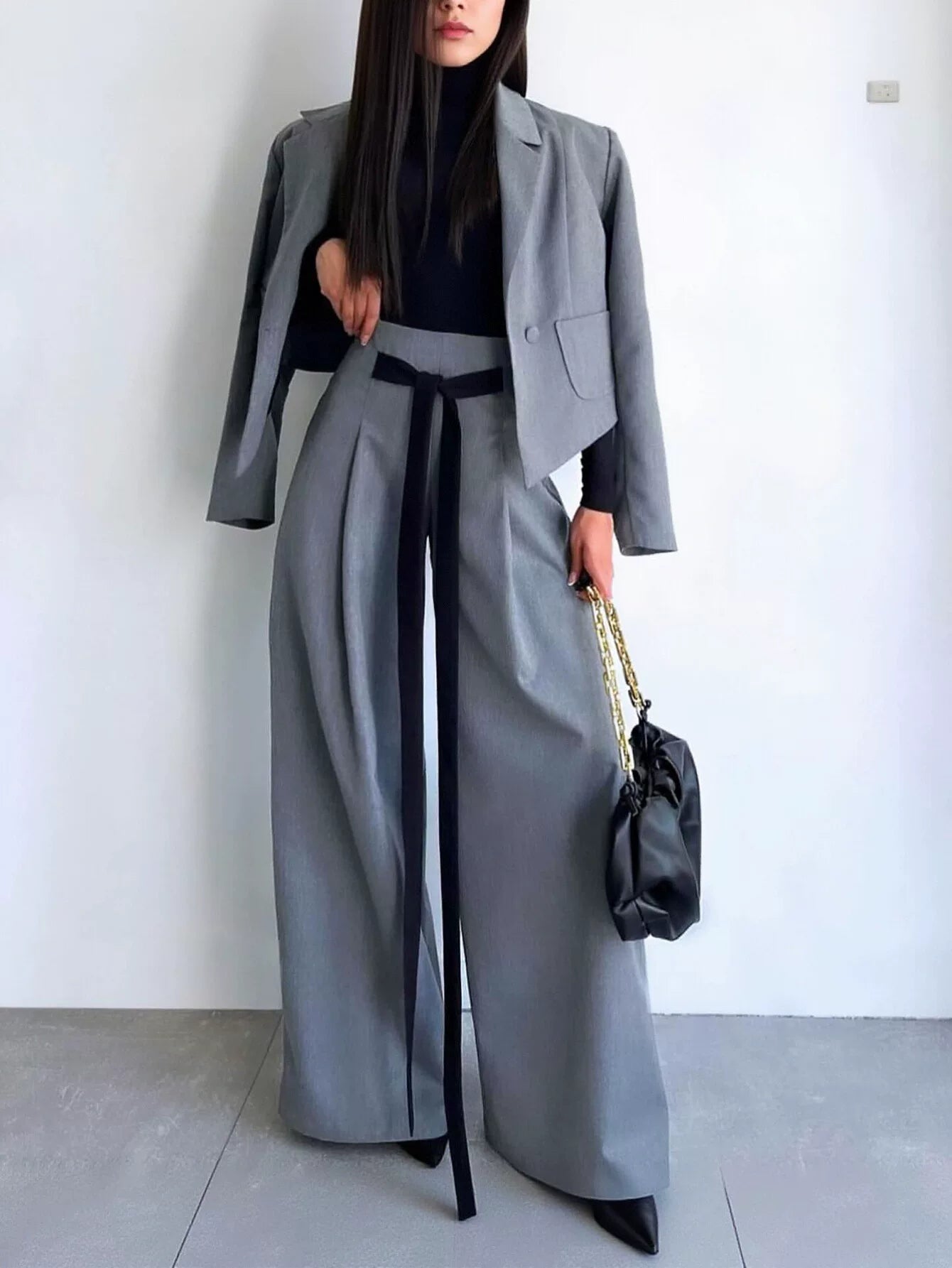 High Waisted Tie Waist Wide Leg Trousers