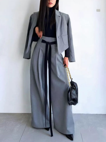 High Waisted Tie Waist Wide Leg Trousers