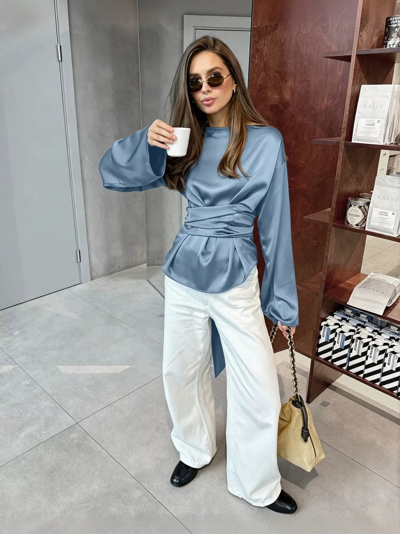 Satin Ruched Waist Long Sleeve Blouse