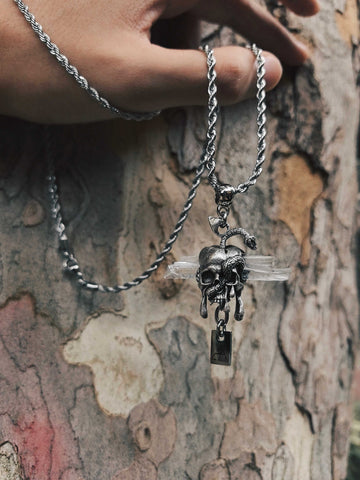Gothic Skull Snake Crystal Pendant Necklace