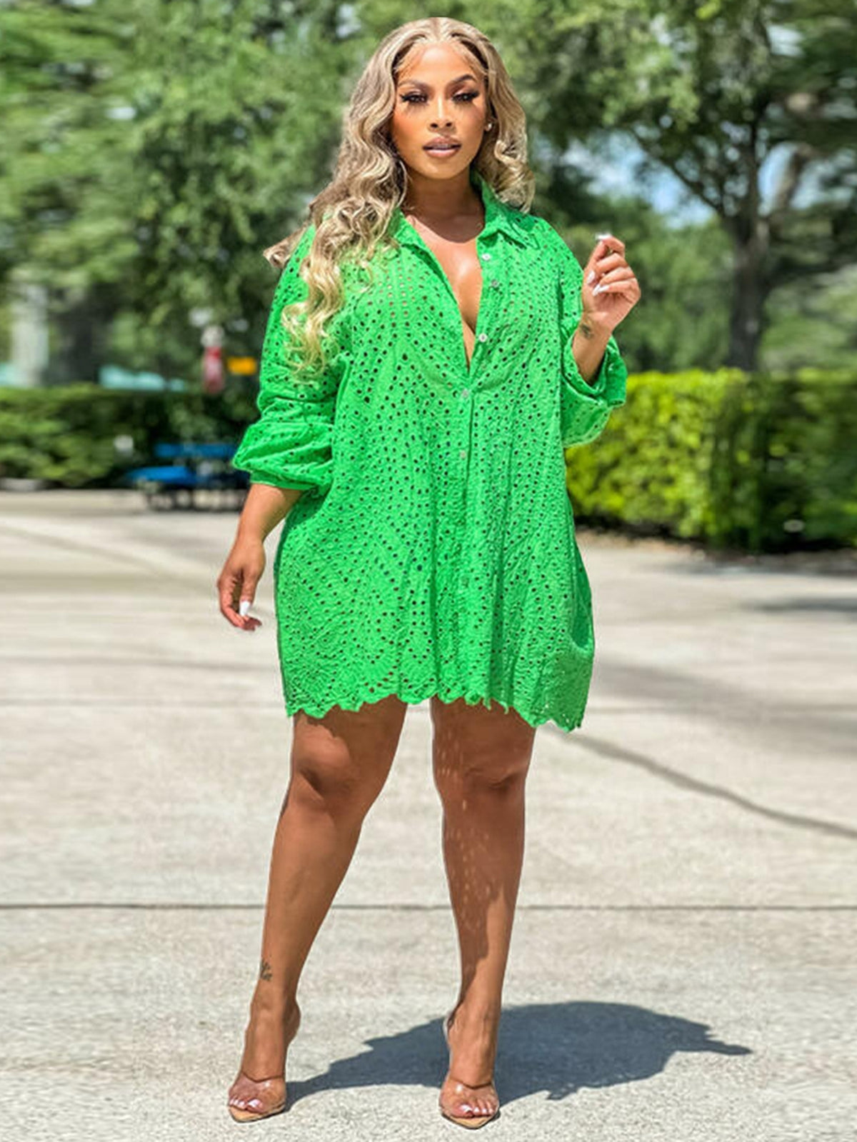Green Eyelet Button Down Shirt