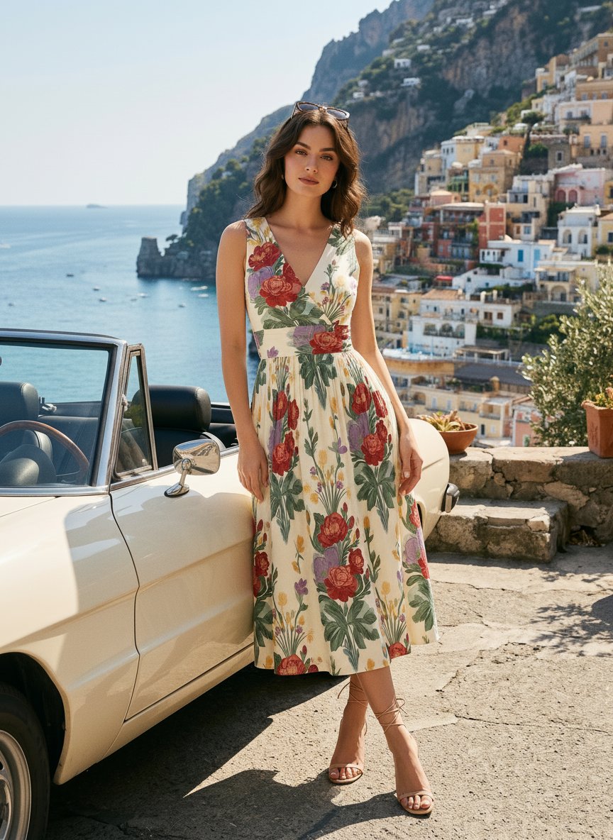 CORINNE
Floral Print V Neck A Line Midi Dress