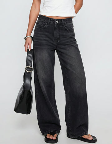 High Rise Washed Black Wide Jeans