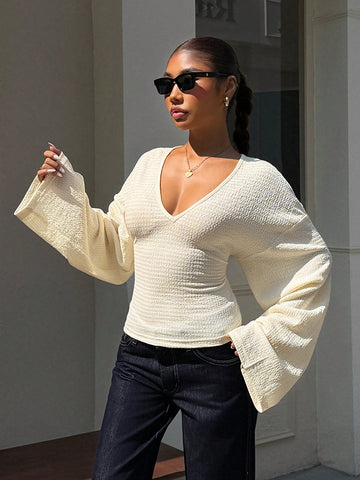 Textured Deep V Neck Long Sleeve Top