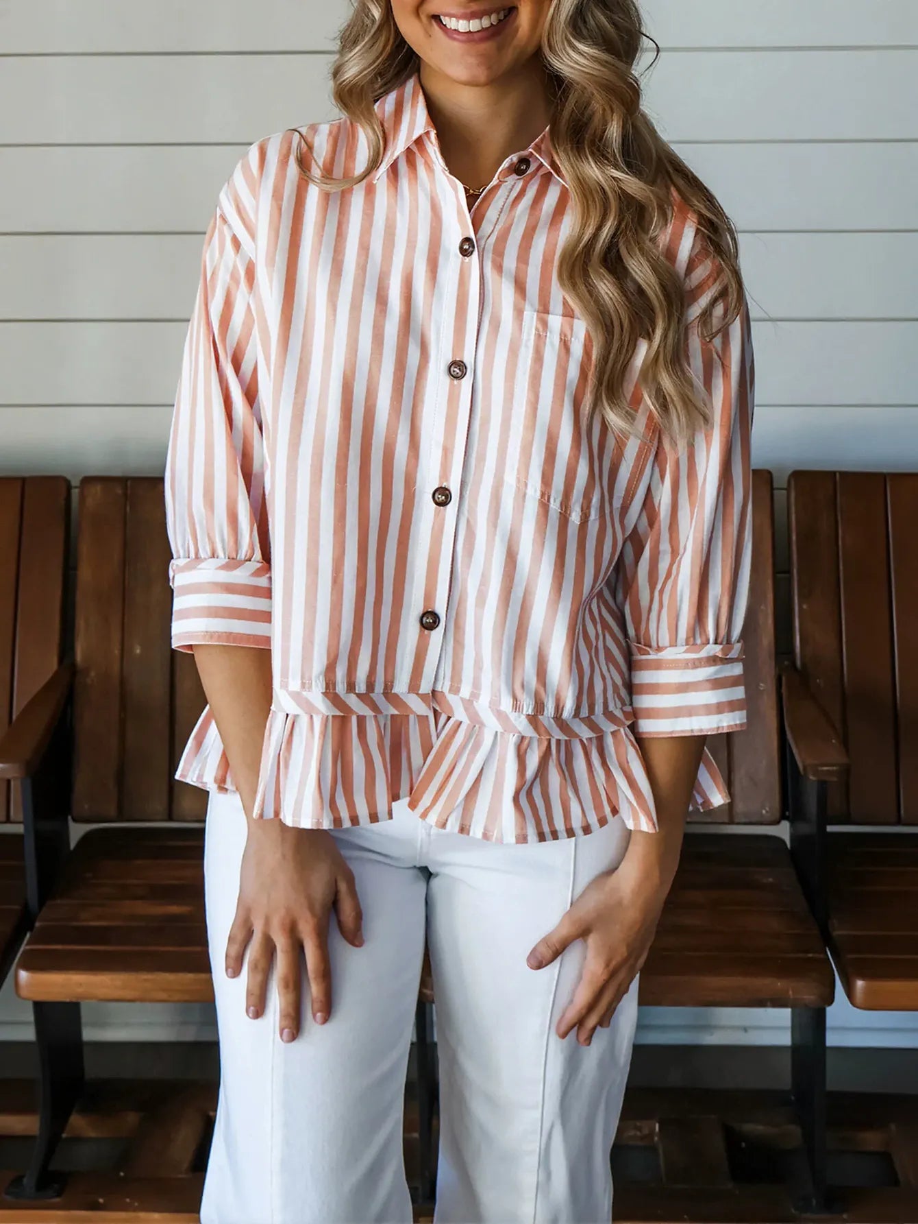 Casual Striped Peplum Button Down Shirt