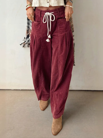 Comfy Drawstring Corduroy Wide Leg Pants