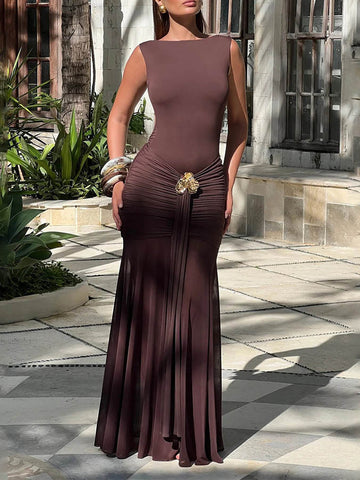 Elegant Ruched Mesh Maxi Dress