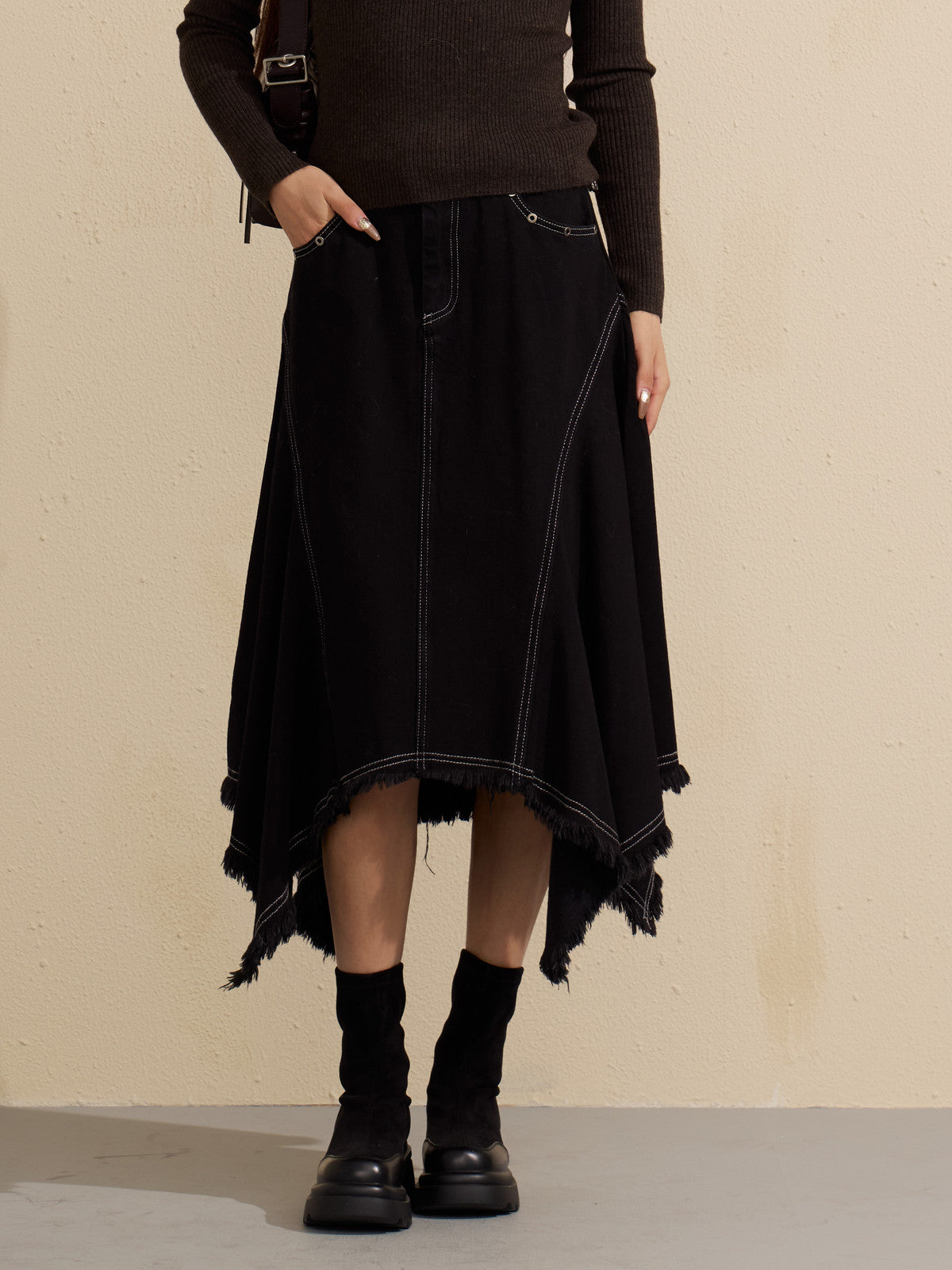 Distressed Asymmetric High Waist Denim Skirt
