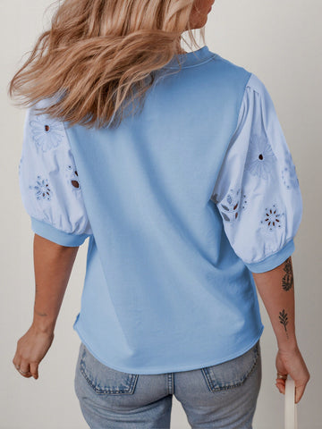 Embroidered Puff Sleeve Chiffon Blouse