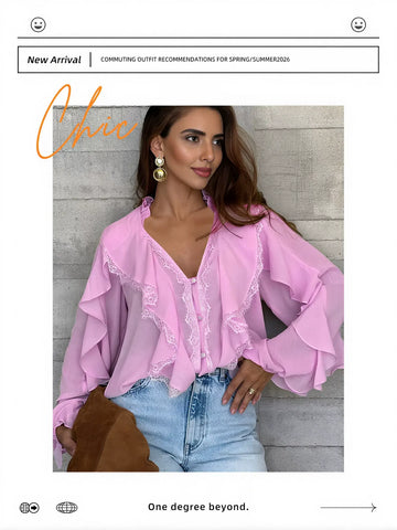 Ruffle Trim Lace Button Down Shirt