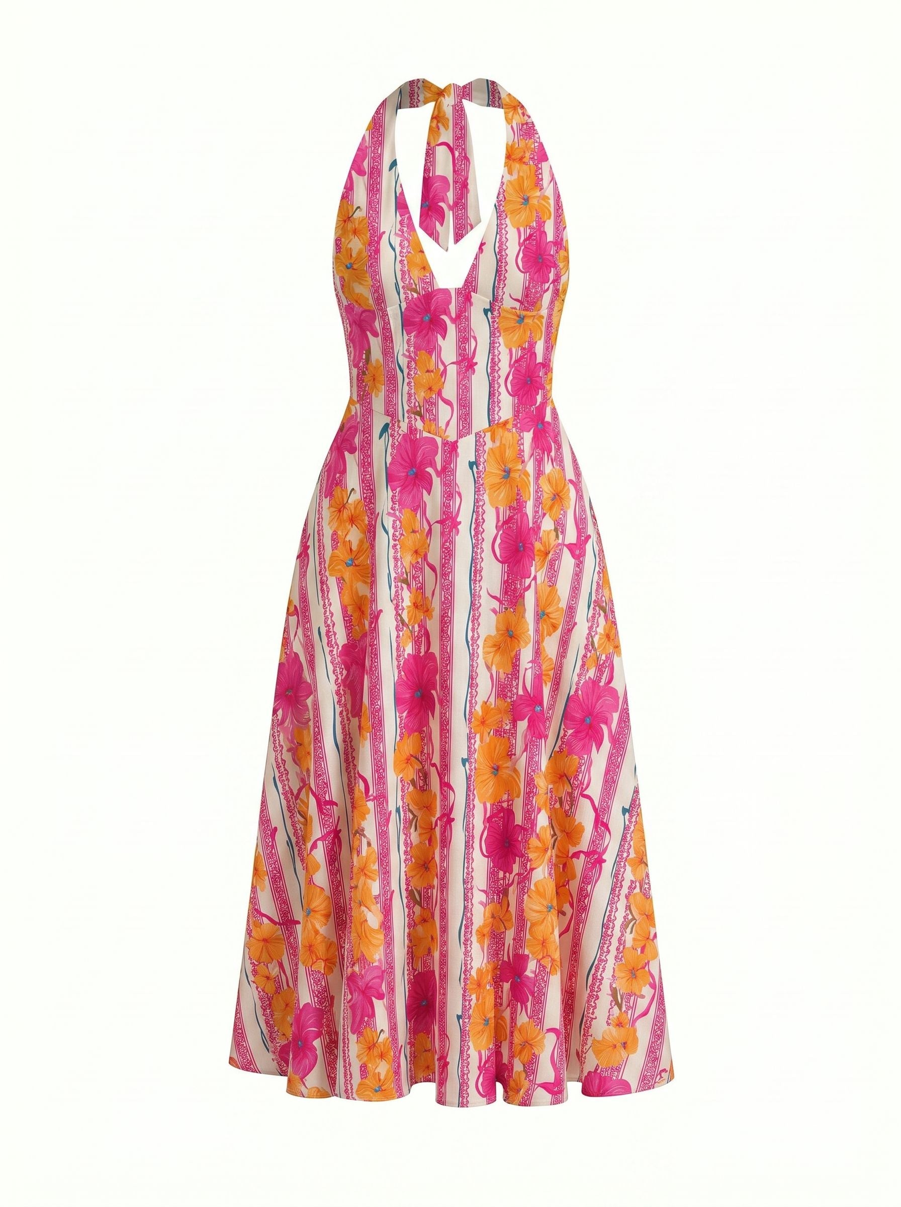 Floral Print Halter Neck Tie Back Midi Dress