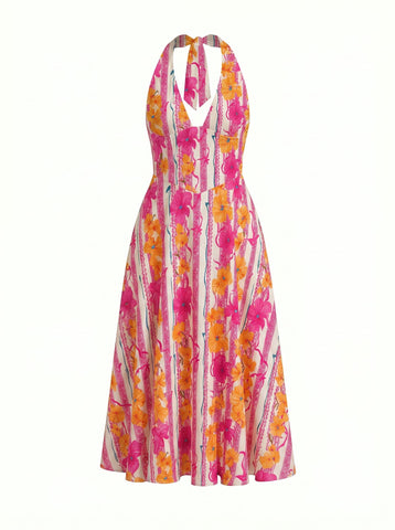 Floral Print Halter Neck Tie Back Midi Dress