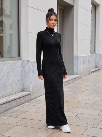 Ribbed Turtleneck Long Sleeve Maxi Dress