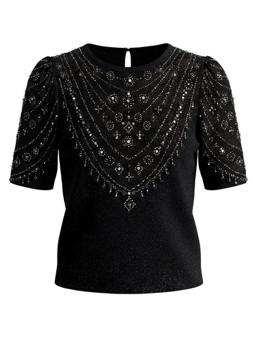Embellished Shimmer Puff Sleeve Sweater