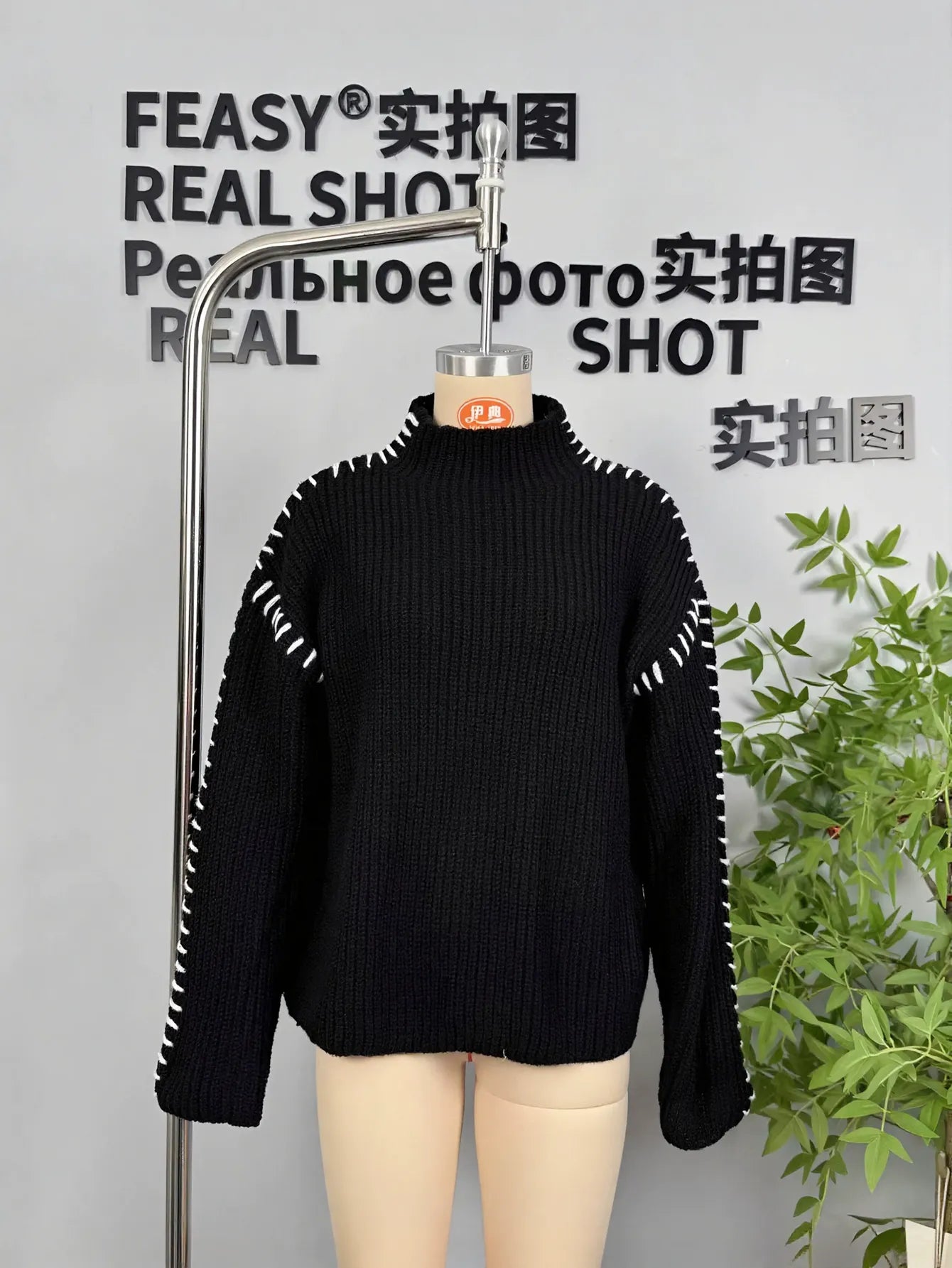 Contrast Stitch Mock Neck Sweater